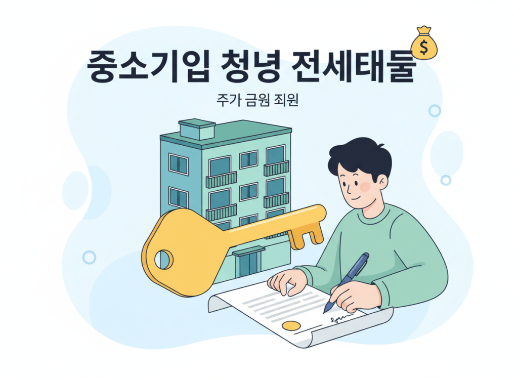 중소기업 청년 전세대출, 아파트 건물과 열쇠, 서류 서명이 있는 주거 금융 일러스트